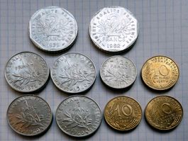Frankreich, 2, 1, ½ franc, 10 centimes 1979-1990 10er Lot